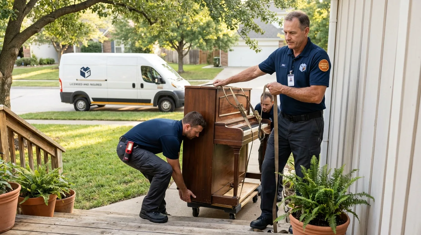 Licensed piano movers securing grand piano in Drexel Hill, PA