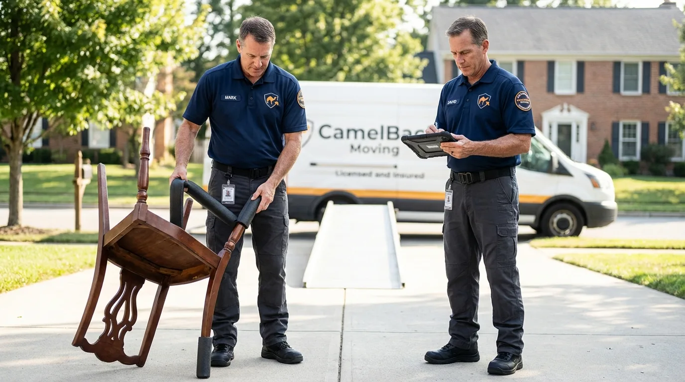 Movers inspecting furniture for damage prevention before loading in Drexel Hill, PA